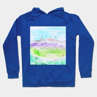 Summer landscape, valley, beautiful nature. Encaustic, art decoration, sketch. Hoodie